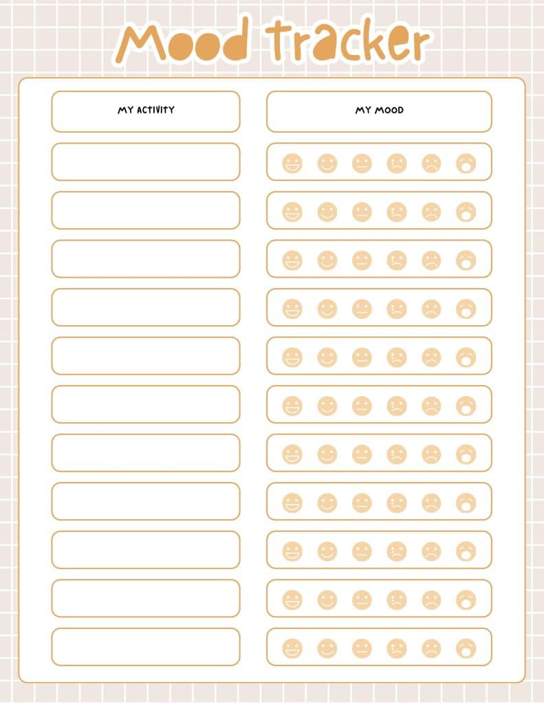 printable mood tracker page for fitness journal and wellbeing journal