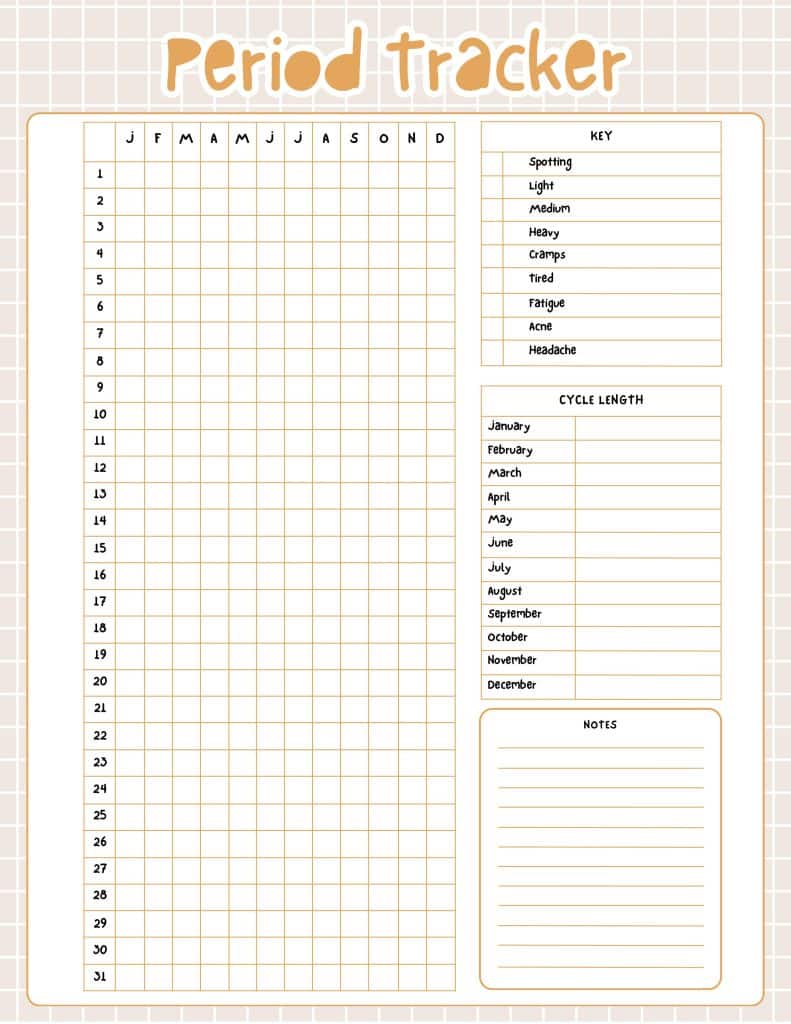 printable period tracker page for fitness journal or wellbeing journal