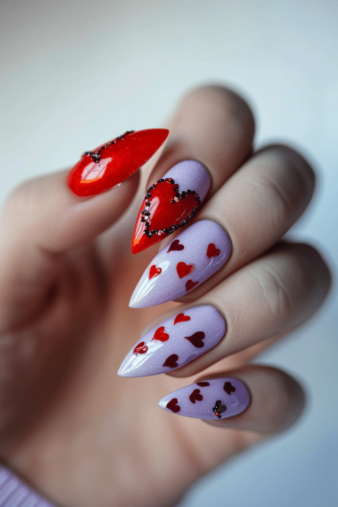 stiletto valentines nails, purple and red valentines nail idea