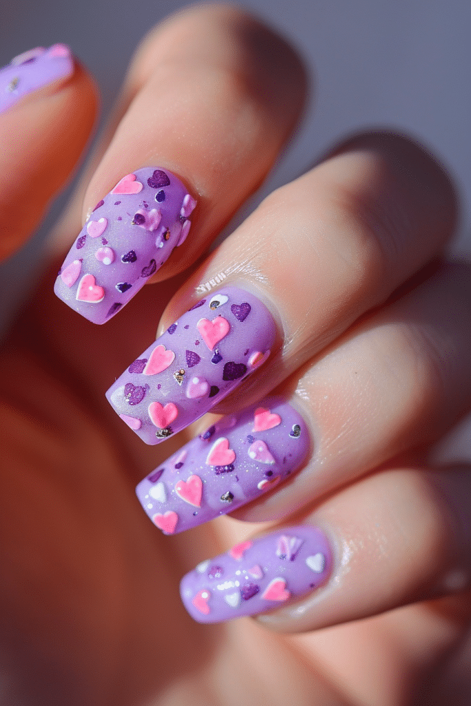 purple candy hearts valentines nails