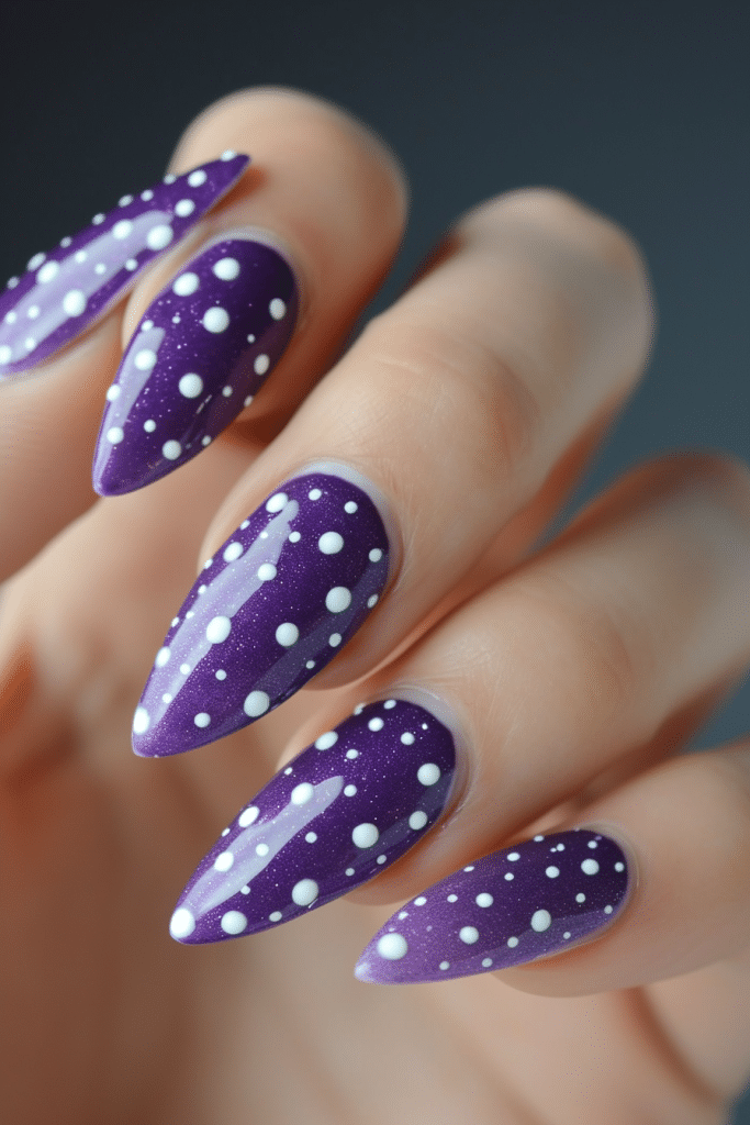 purple nails with white dot design