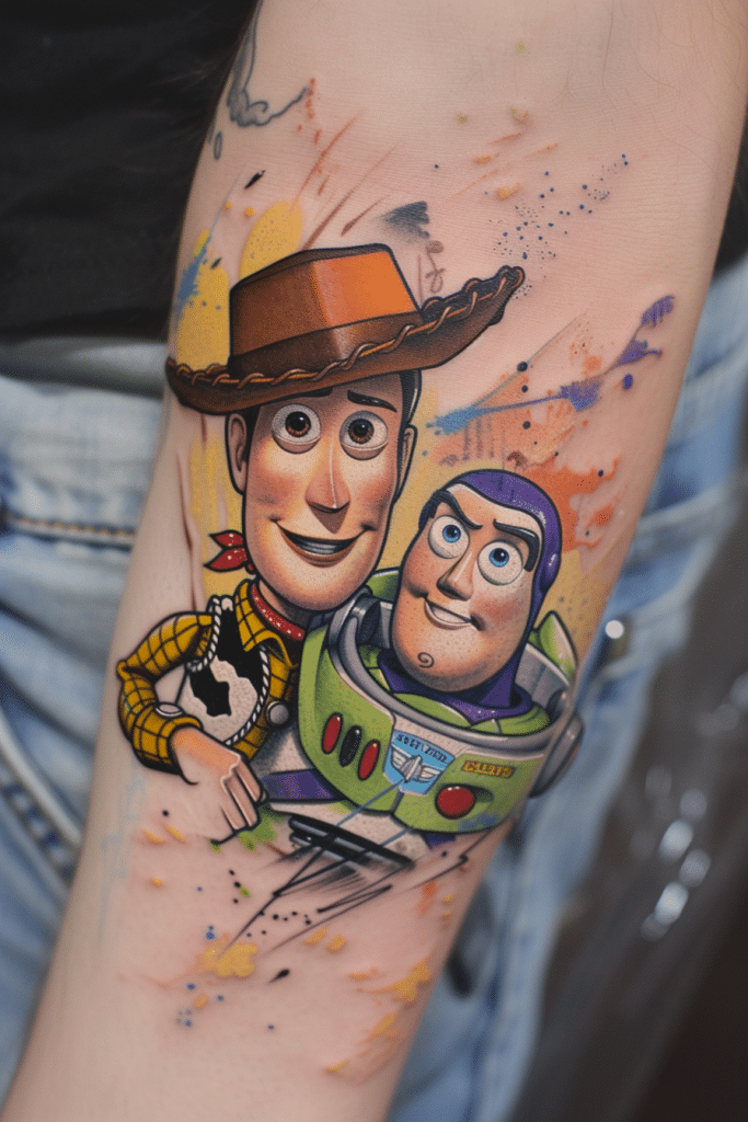 buzz and woody cartoon character friendship tattoo