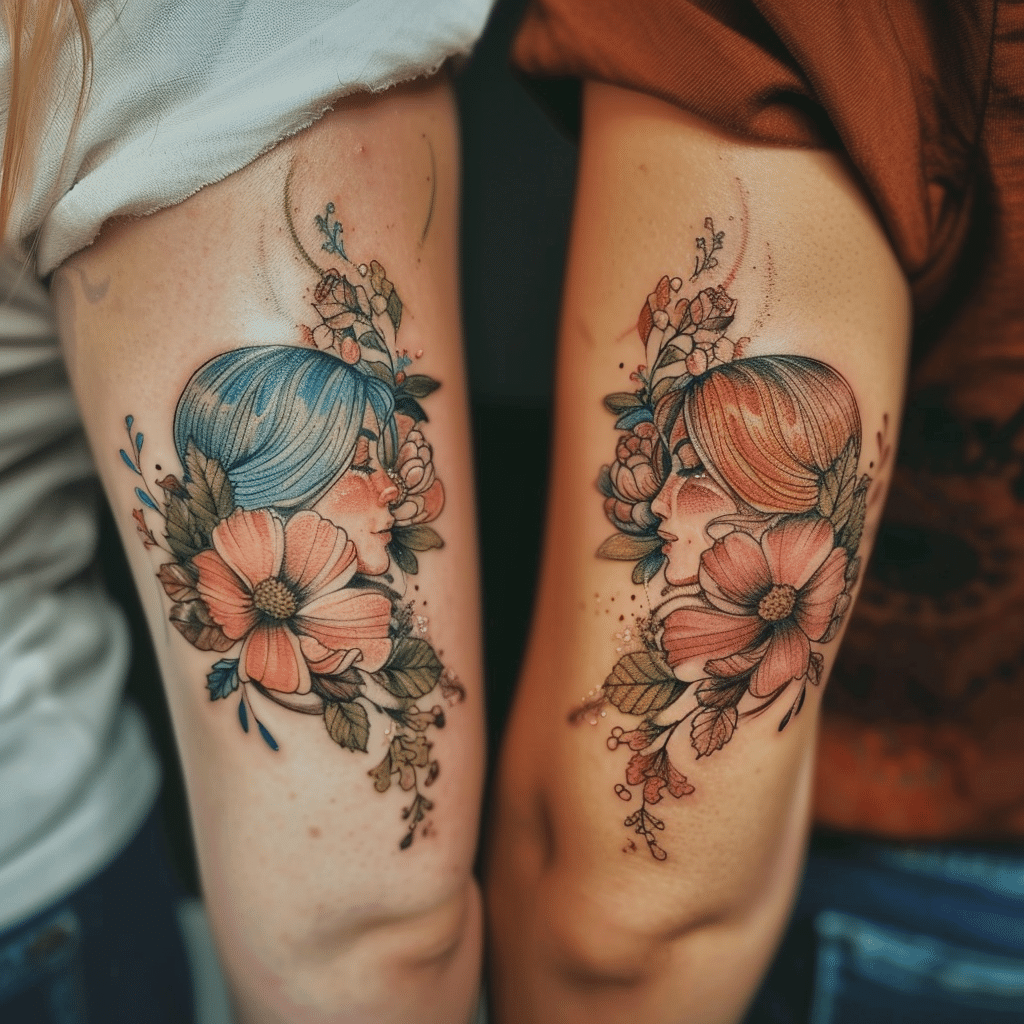 best friend tattoo design with flowers and portrait