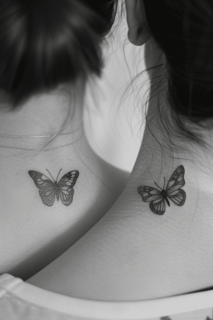subtle matching butterfly neck tattoos for best friends