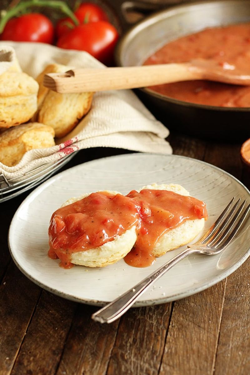 Tomato Gravy over Biscuits