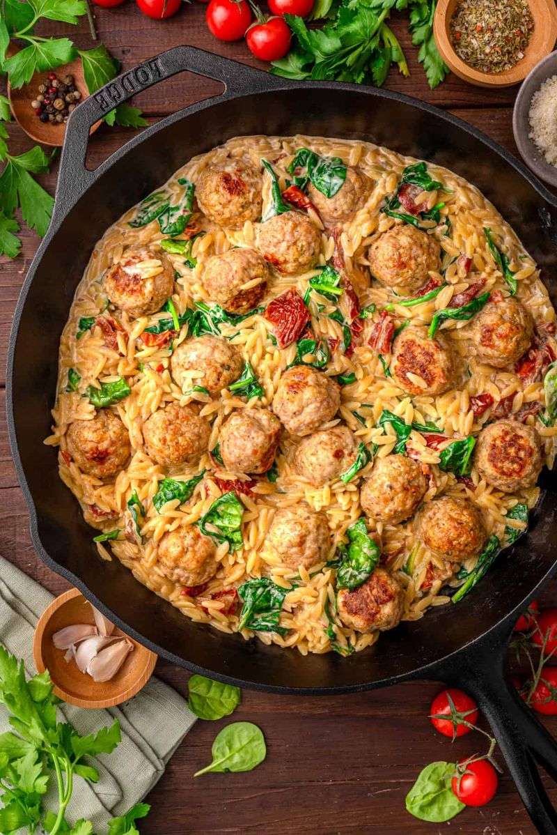Creamy Pesto Orzo with Chicken Meatballs