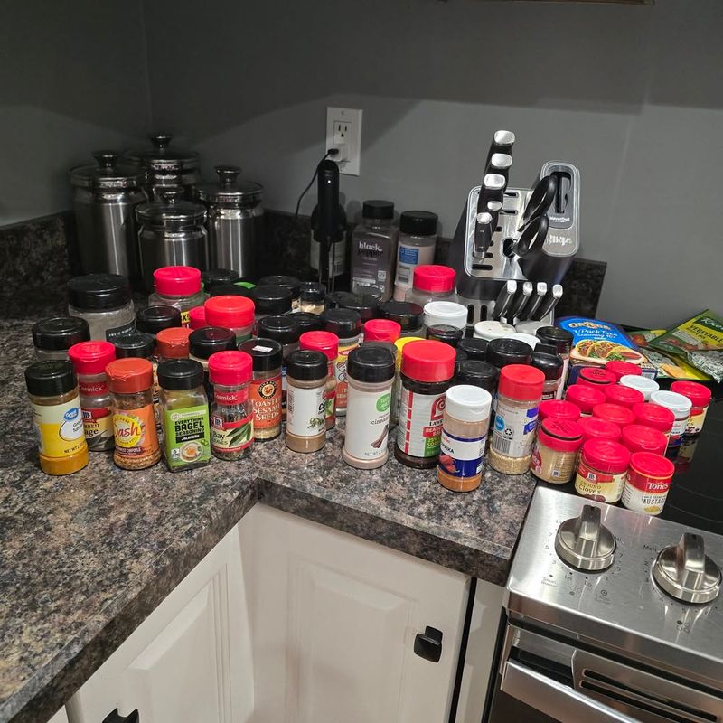 Cluttered Spice Racks with Expired Herbs