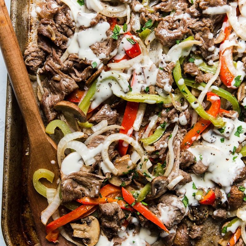 Philly Cheesesteak Sheet Pan Bake