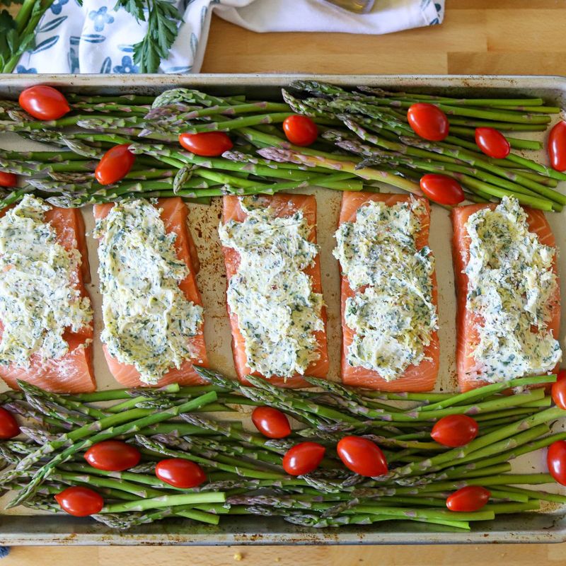 Sheet Pan Salmon with Asparagus and Cherry Tomatoes