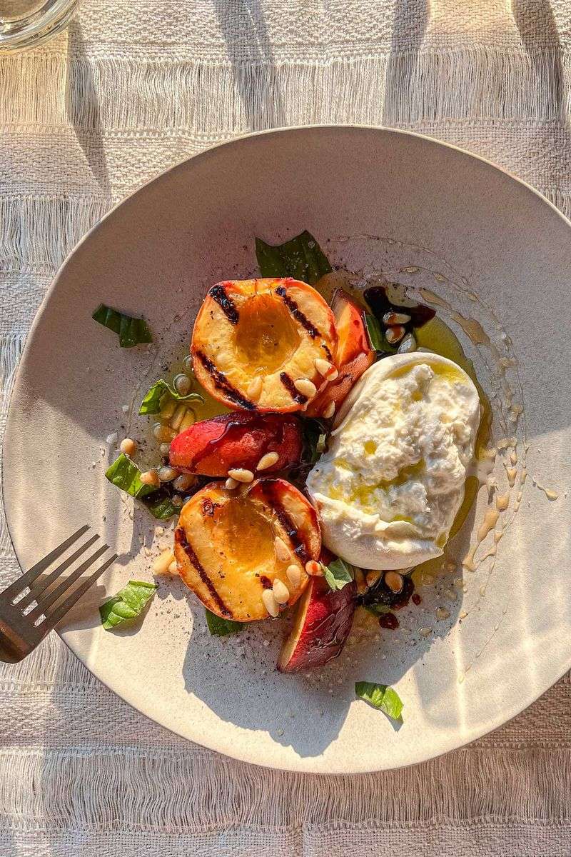 Grilled Peach and Burrata Salad with Honey Balsamic Drizzle