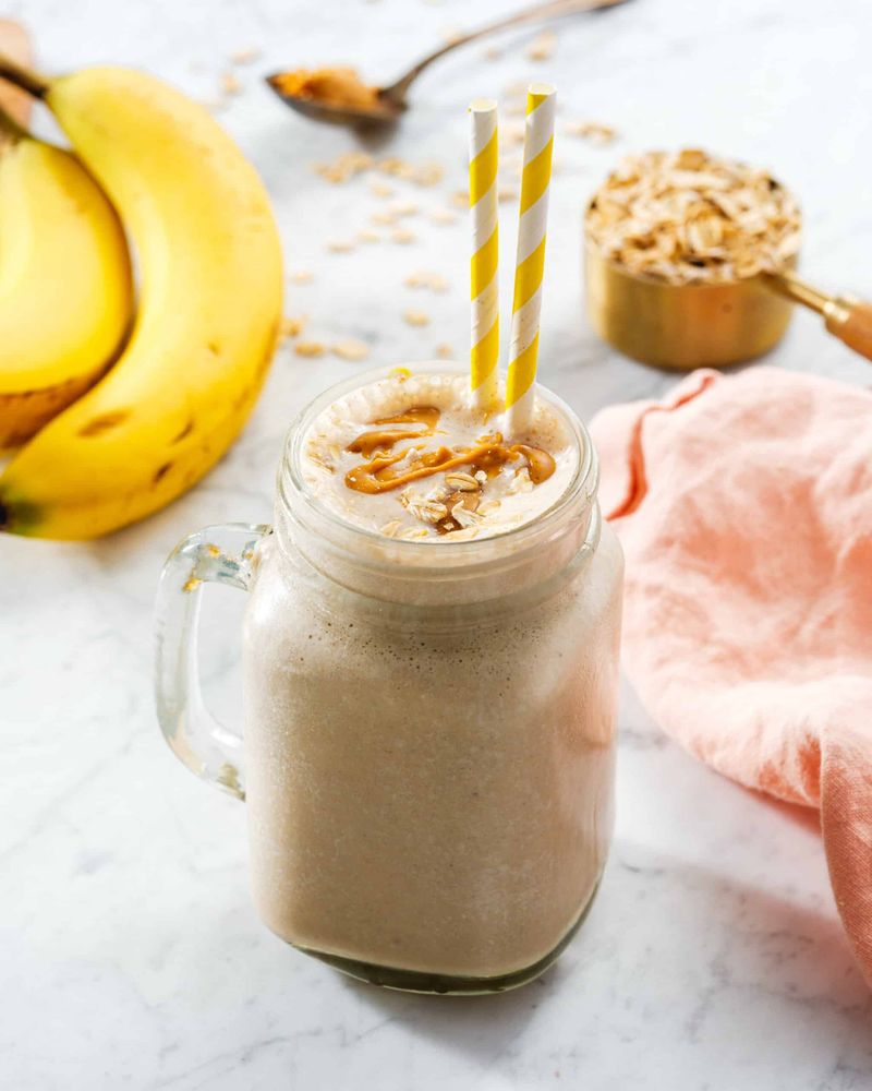 Peanut Butter Banana Smoothie with Protein Powder and Oat Milk