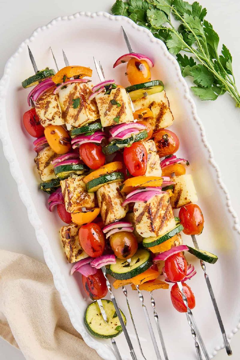 Grilled Veggie and Halloumi Skewers with Herbed Couscous