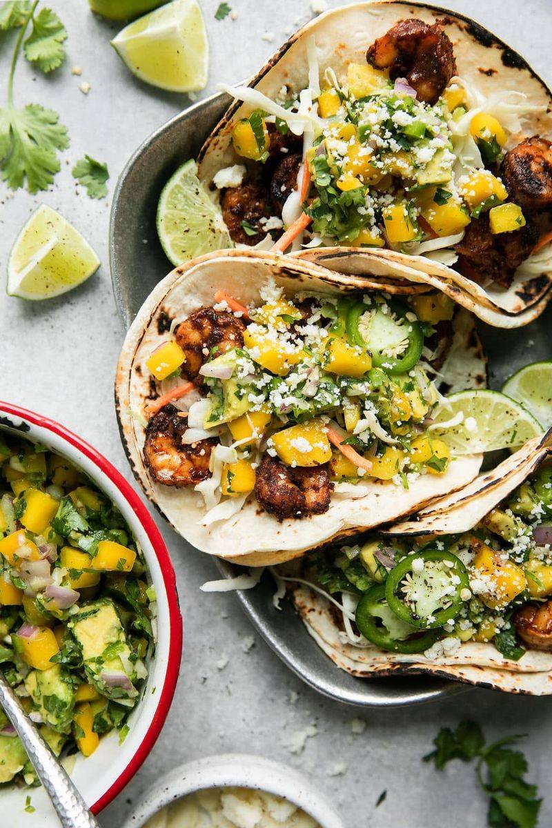 Shrimp Tacos with Mango Avocado Salsa and Lime Crema