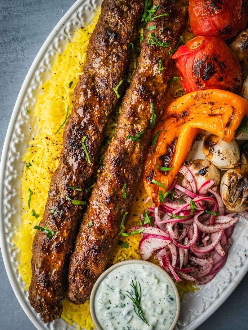 Spiced Lamb Kofta with Saffron Rice and Roasted Pepper Sauce