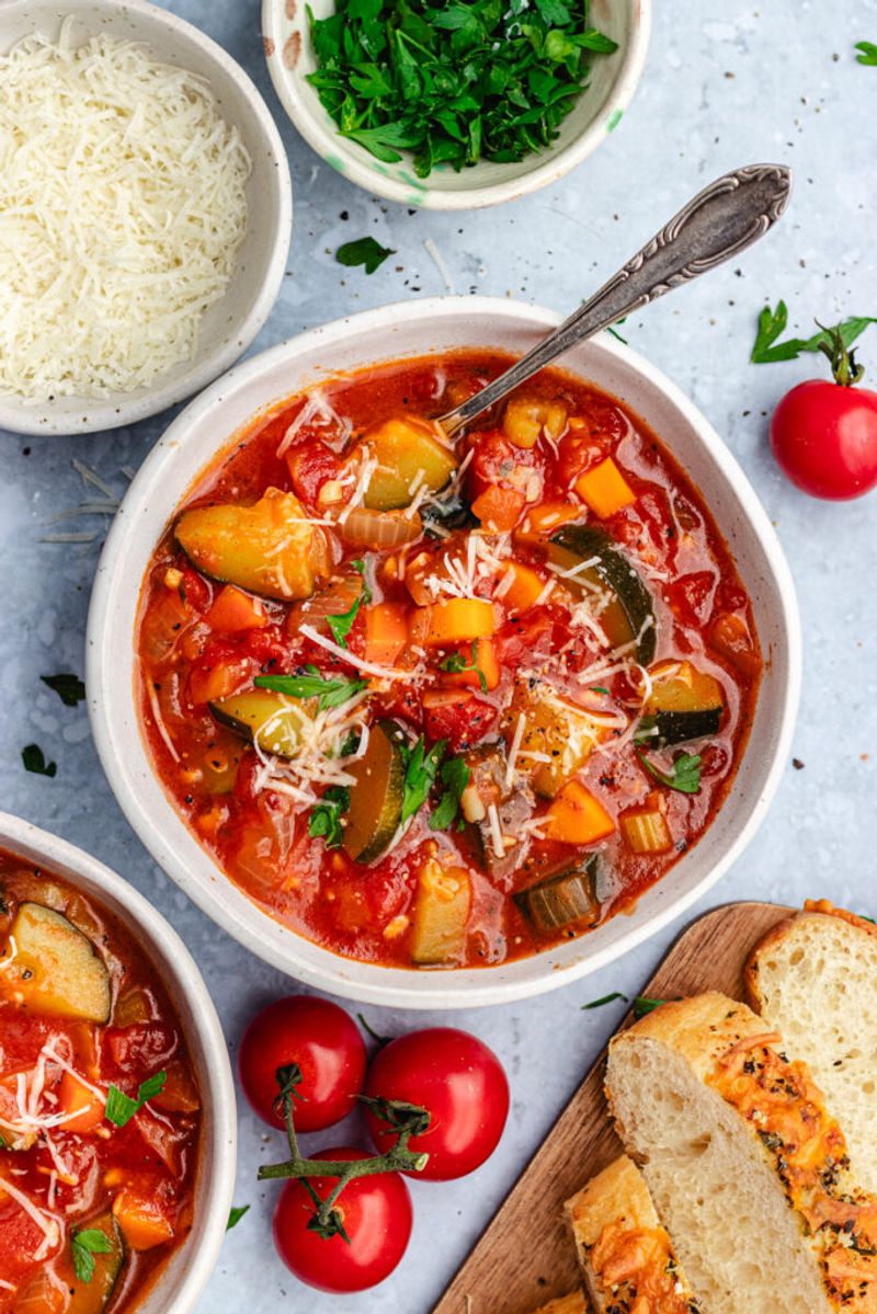 Summer Vegetable Soup with Tomatoes, Courgette, and Corn
