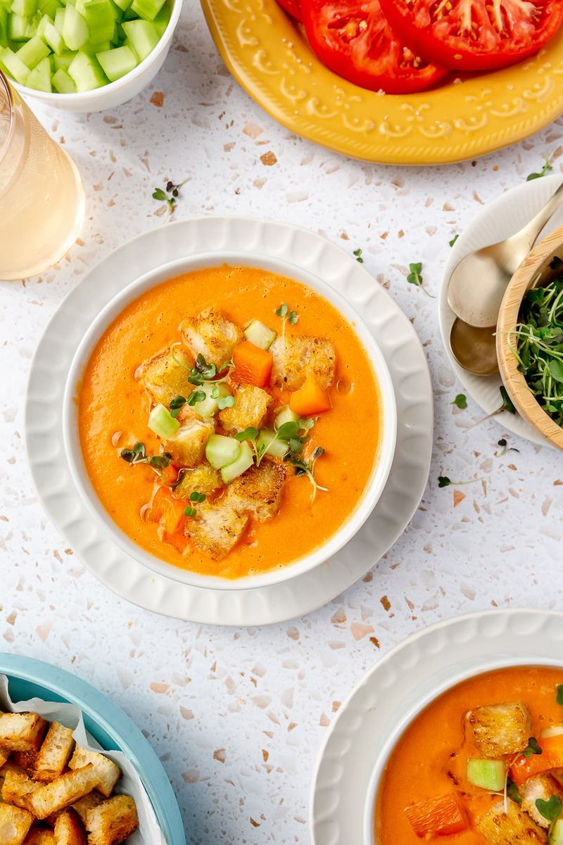 Fresh Tomato Gazpacho with Corn Croutons