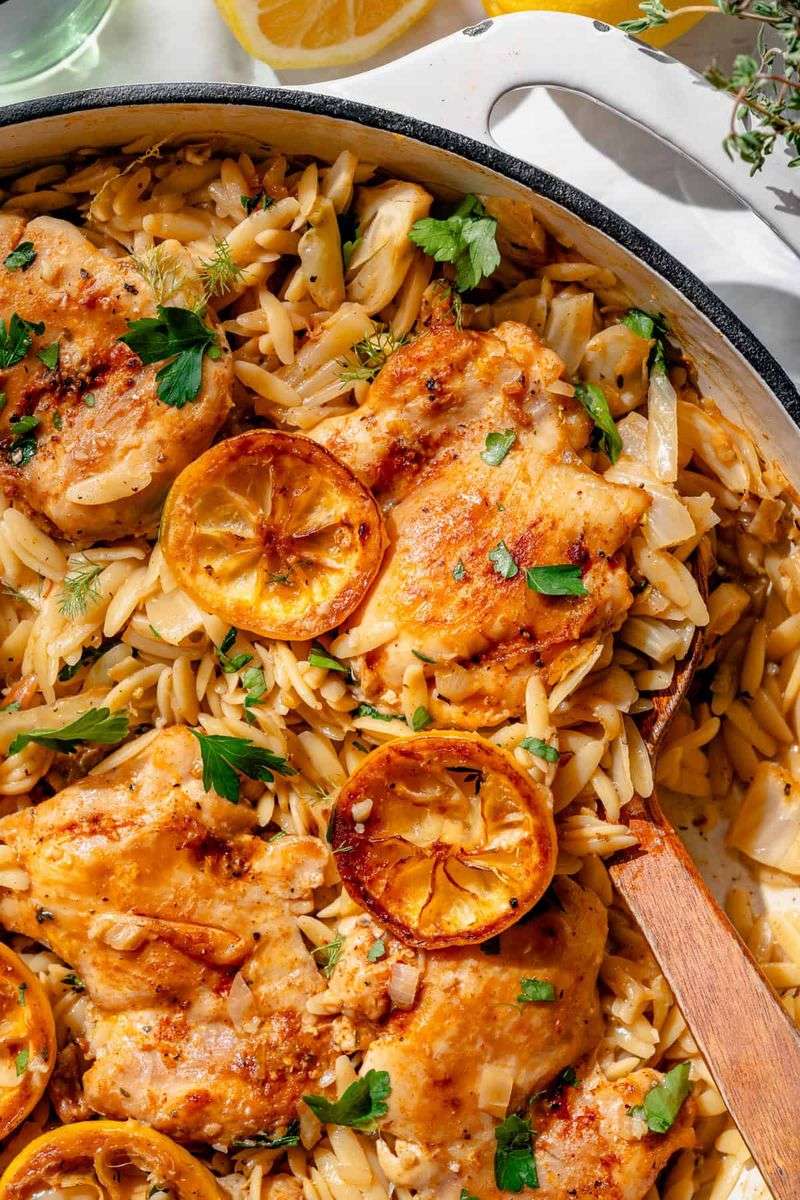 One-Skillet Chicken with Buttery Orzo and Olives