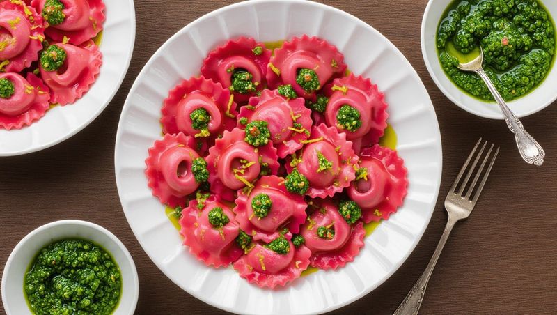 Beet Cappelletti with Meyer Lemon Goat Cheese and Beet Green Pesto