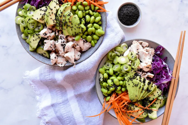 Chicken and Brown Rice Bowl with Steamed Edamame