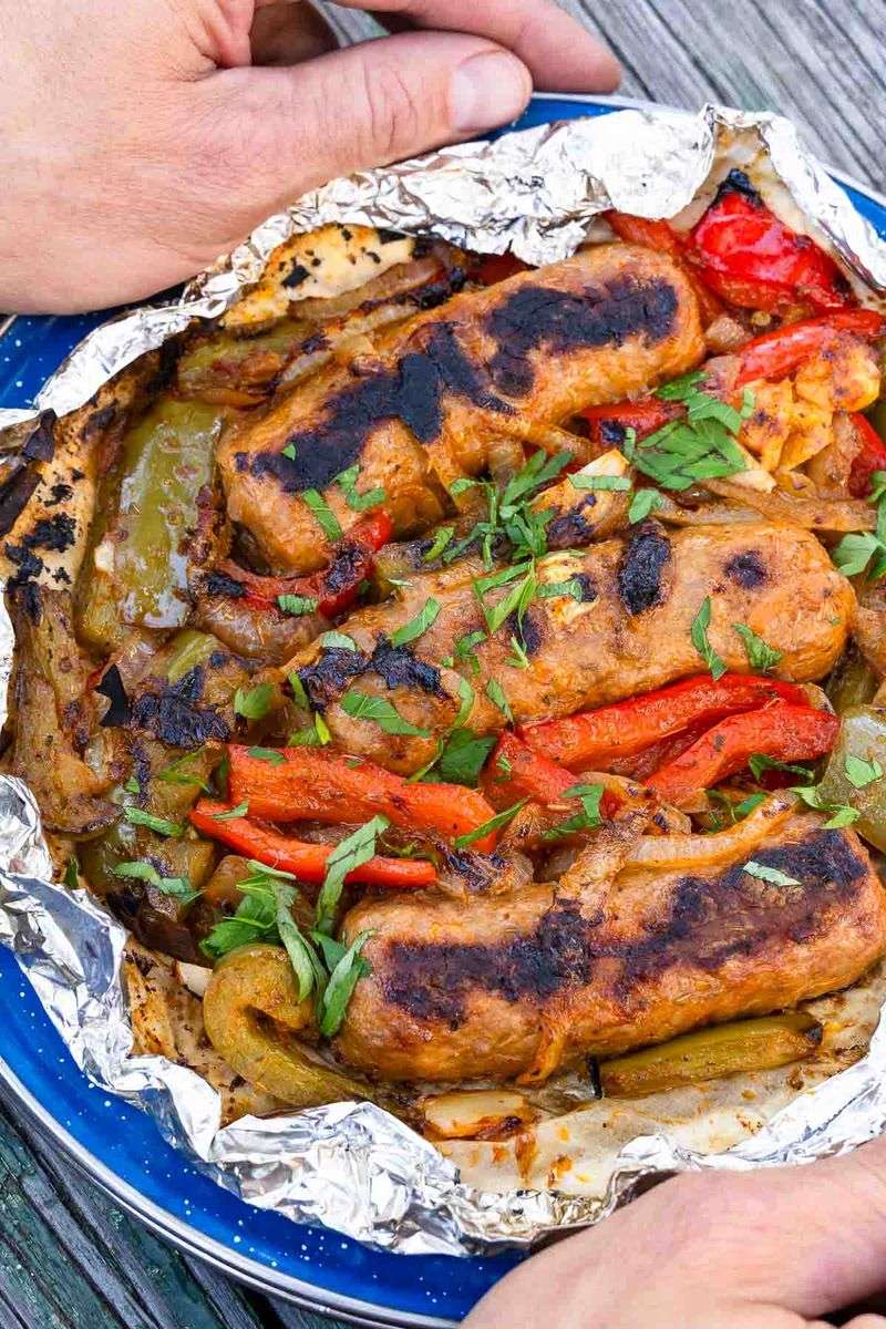 Campfire Brats with Peppers and Onions