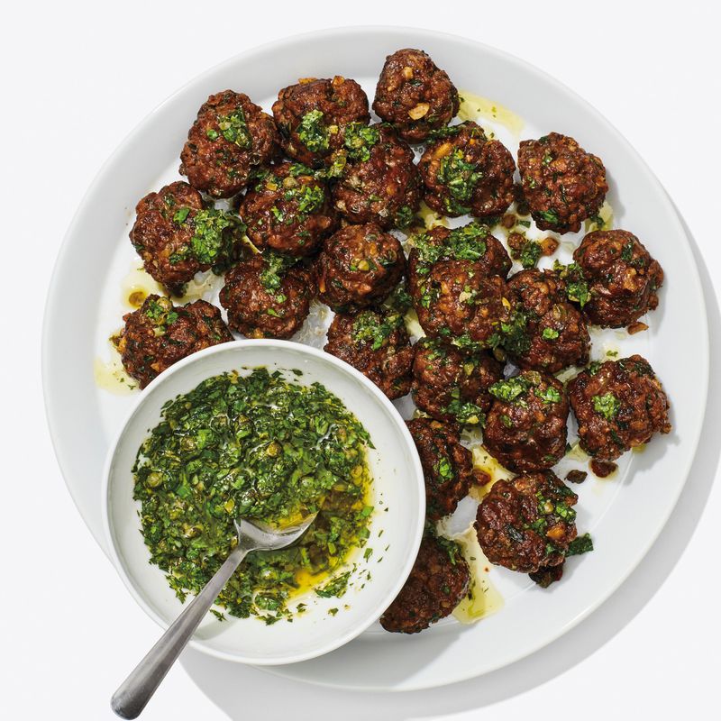 Sheet Pan Meatballs with Tomato Salad and Green Sauce