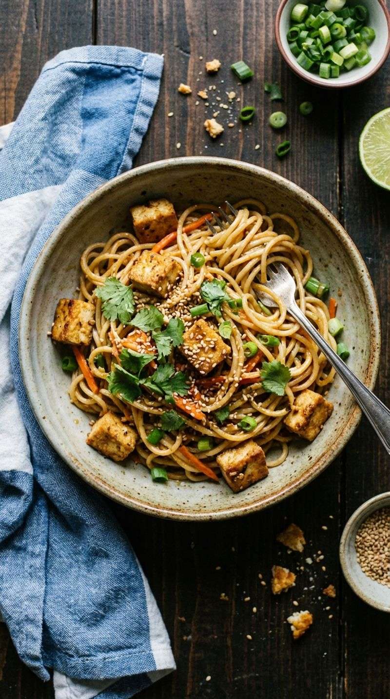 Cold Sesame Peanut Noodles with Crispy Tofu and Edamame