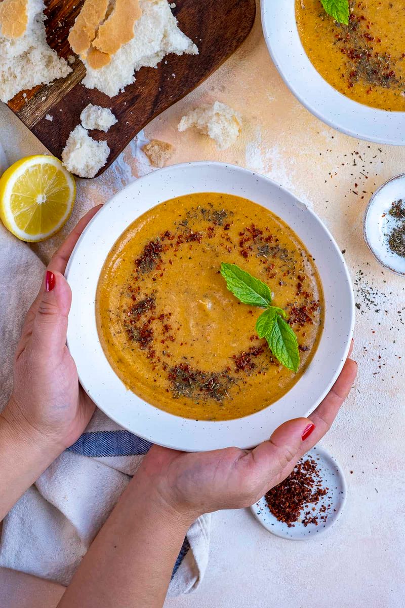 Turkish Mercimek Corbasi (Red Lentil Soup) with Mint Oil