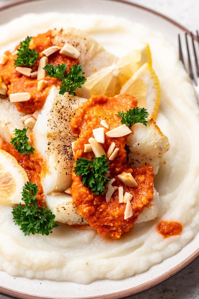 Baked Cod with Romesco Sauce and Roasted Asparagus