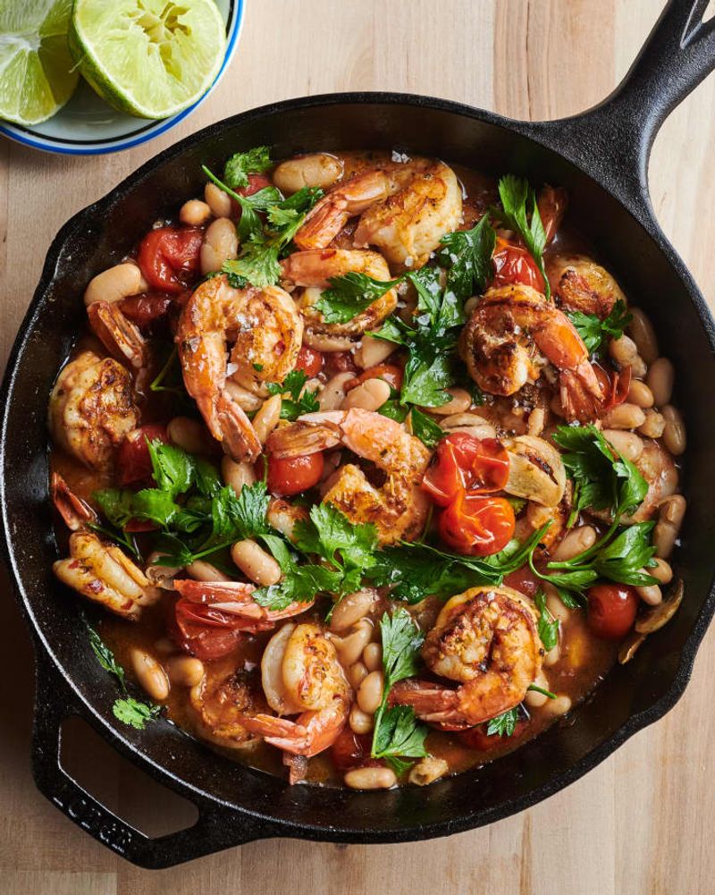 Garlicky Shrimp with White Beans and Blistered Tomatoes