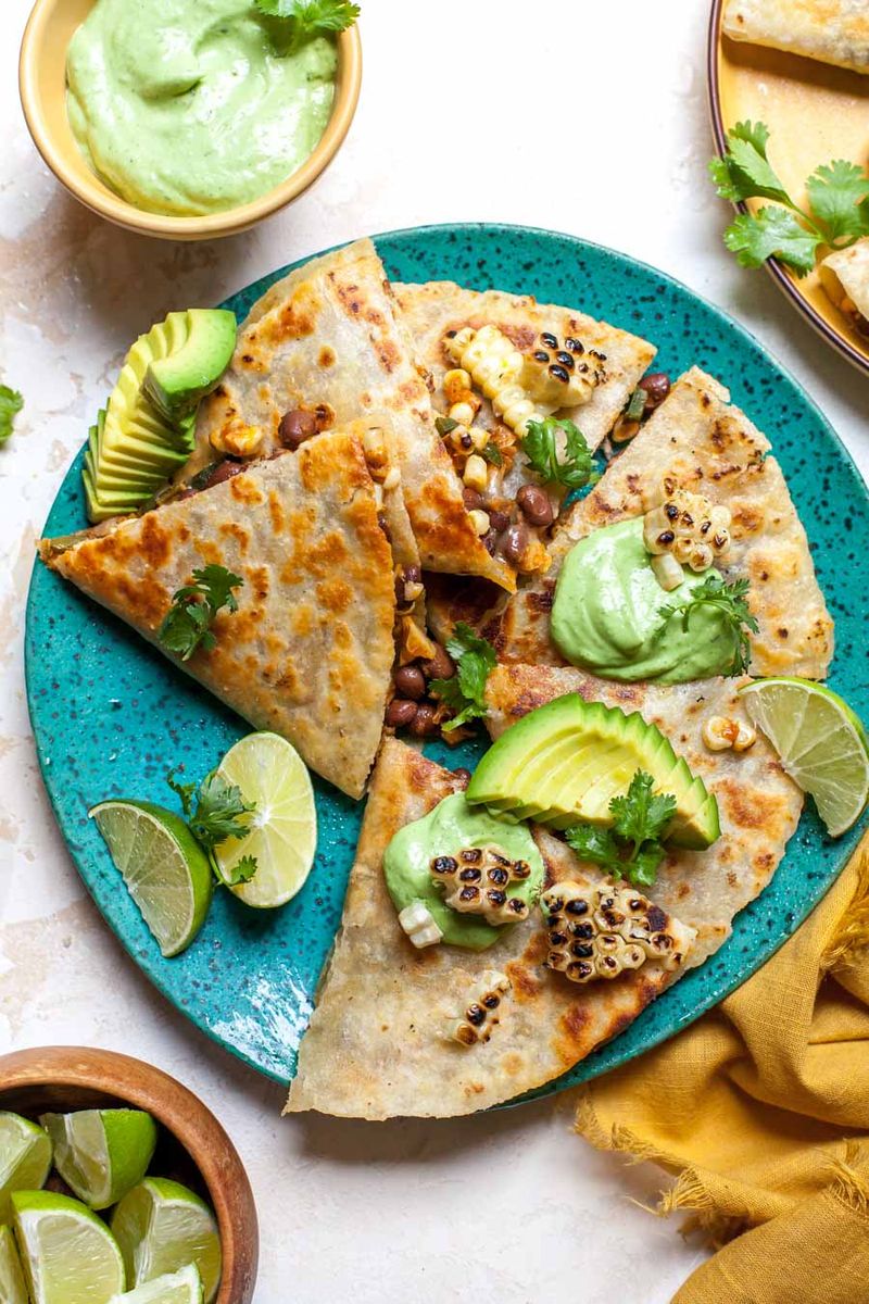 Sweet Corn and Poblano Quesadillas with Avocado Crema