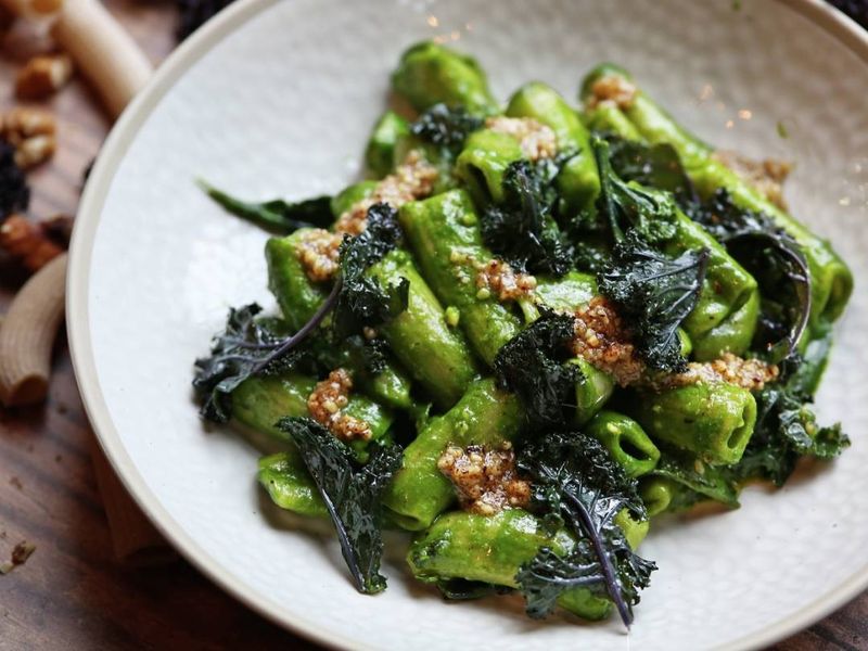 Vegan Rigatoni with Kale, Walnut Pesto, and Cavolo Nero