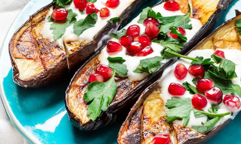 Baked Eggplant with Tahini and Pomegranate (Mutabbal Style)