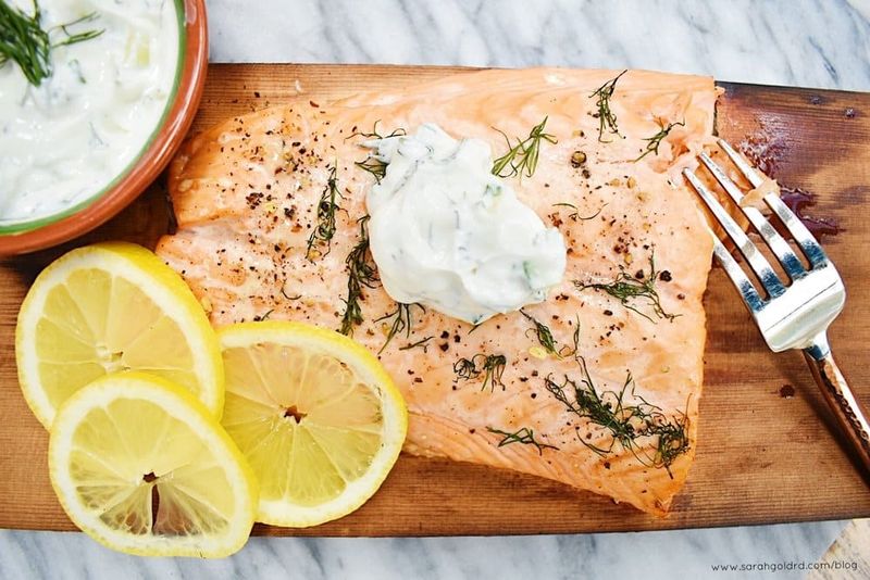 Cedar Plank Salmon with Dill Cucumber Yogurt Sauce
