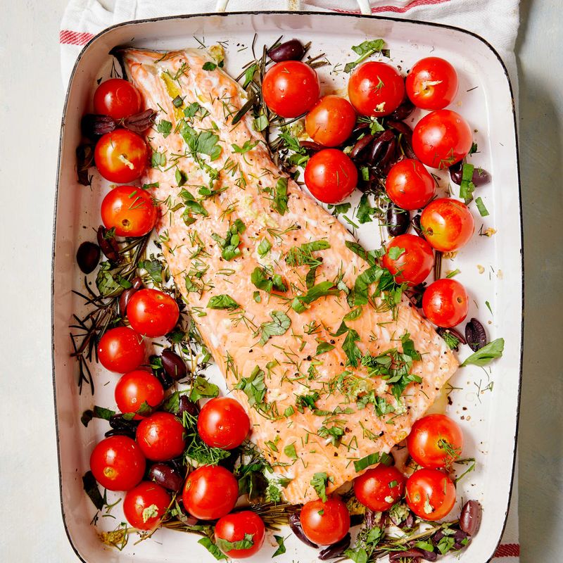 Lemon Herb Baked Salmon with Roasted Cherry Tomatoes