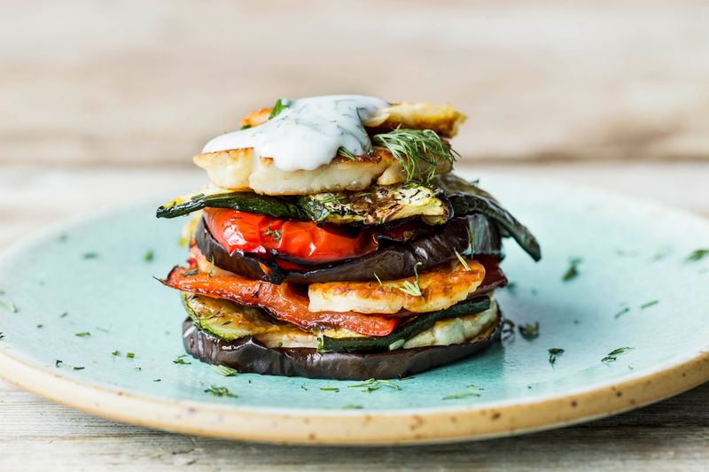 Grilled Eggplant and Halloumi Stacks with Mint Yogurt
