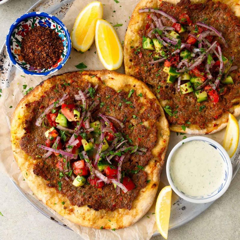 Turkish Red Pepper and Walnut Dip with Roasted Lamb Flatbreads (Lahmacun)