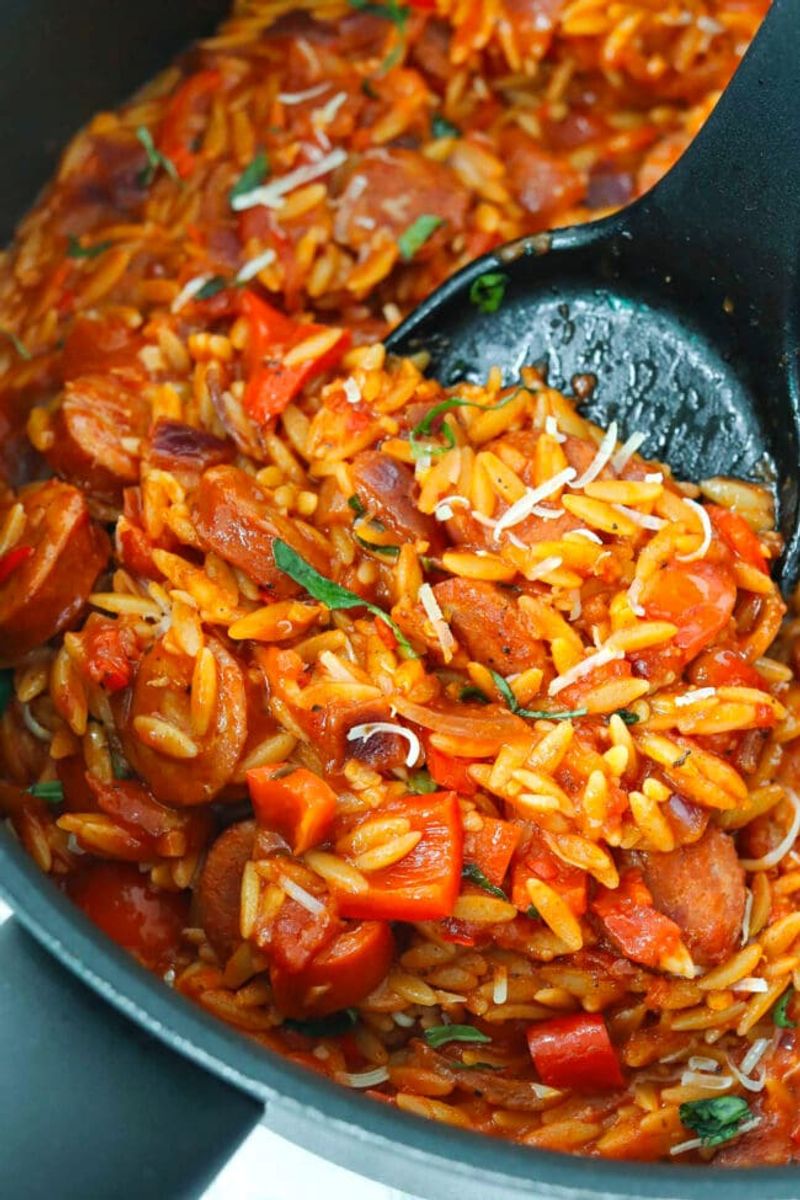 Roasted Red Pepper and Chorizo Orzo