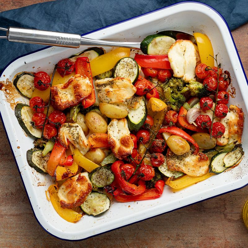 Halloumi and Roasted Vegetable Tray Bake