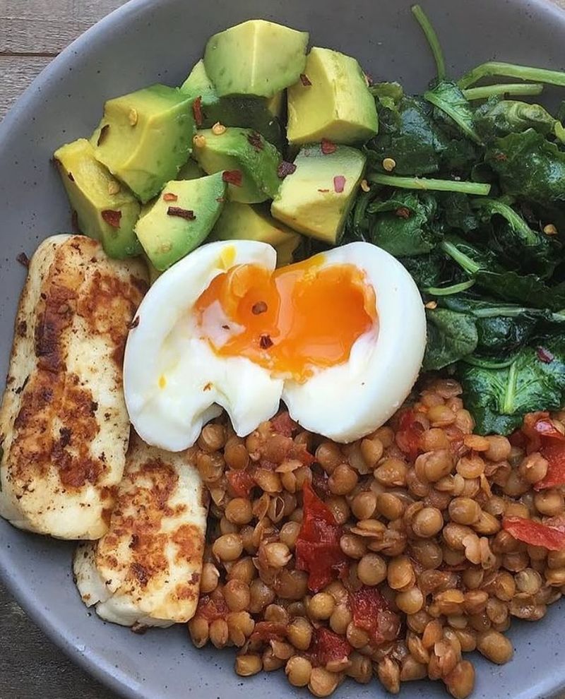 Halloumi Breakfast Bowl with Eggs and Greens