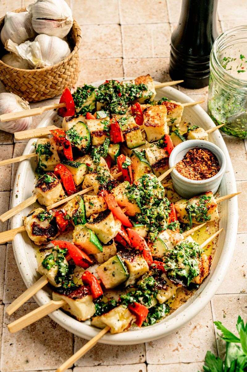Halloumi Skewers with Chimichurri Sauce