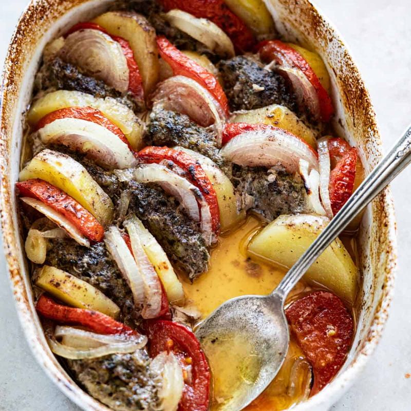 Baked Kofta with Tomatoes and Peppers (Kofta Bil Sanieh)