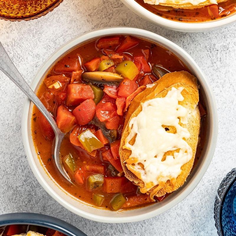 Pizza Soup With Pepperoni And Vegetables