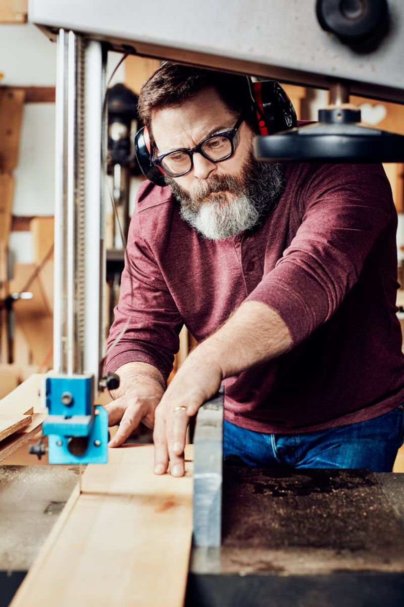 Nick Offerman Builds Furniture in His Woodshop