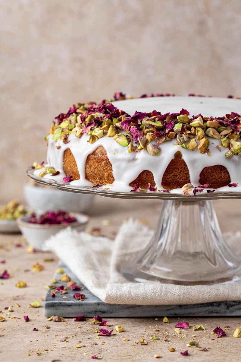 Pistachio Rosewater Glaze and Dried Petal Cake