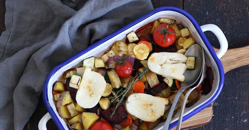 Sticky Maple Parsnips and Halloumi Bake
