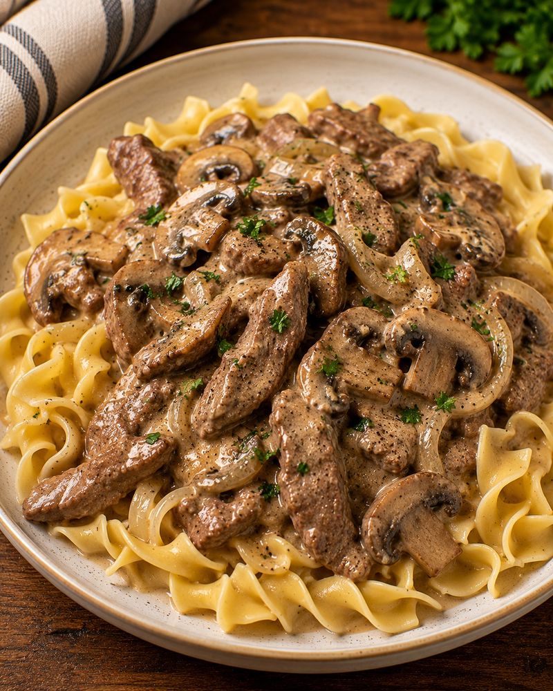 Beef Stroganoff with Egg Noodles (Russia)