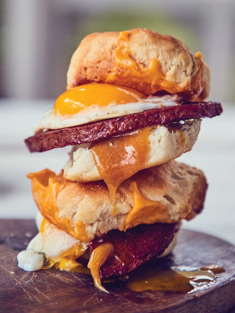 Fried Bologna and Eggs with Biscuits