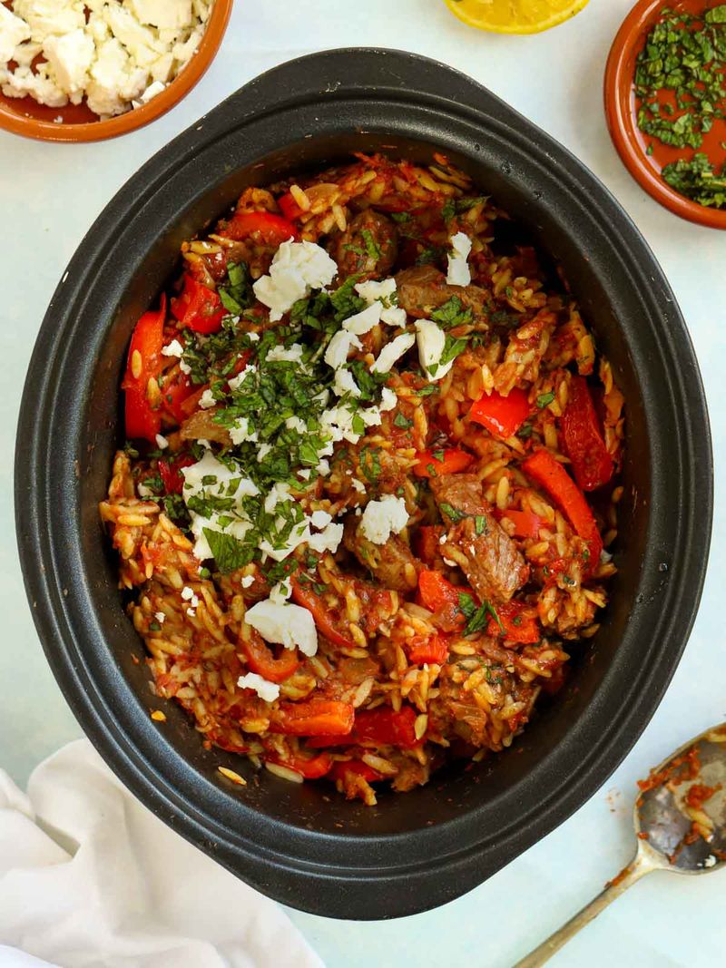 Harissa Lamb and Orzo Traybake
