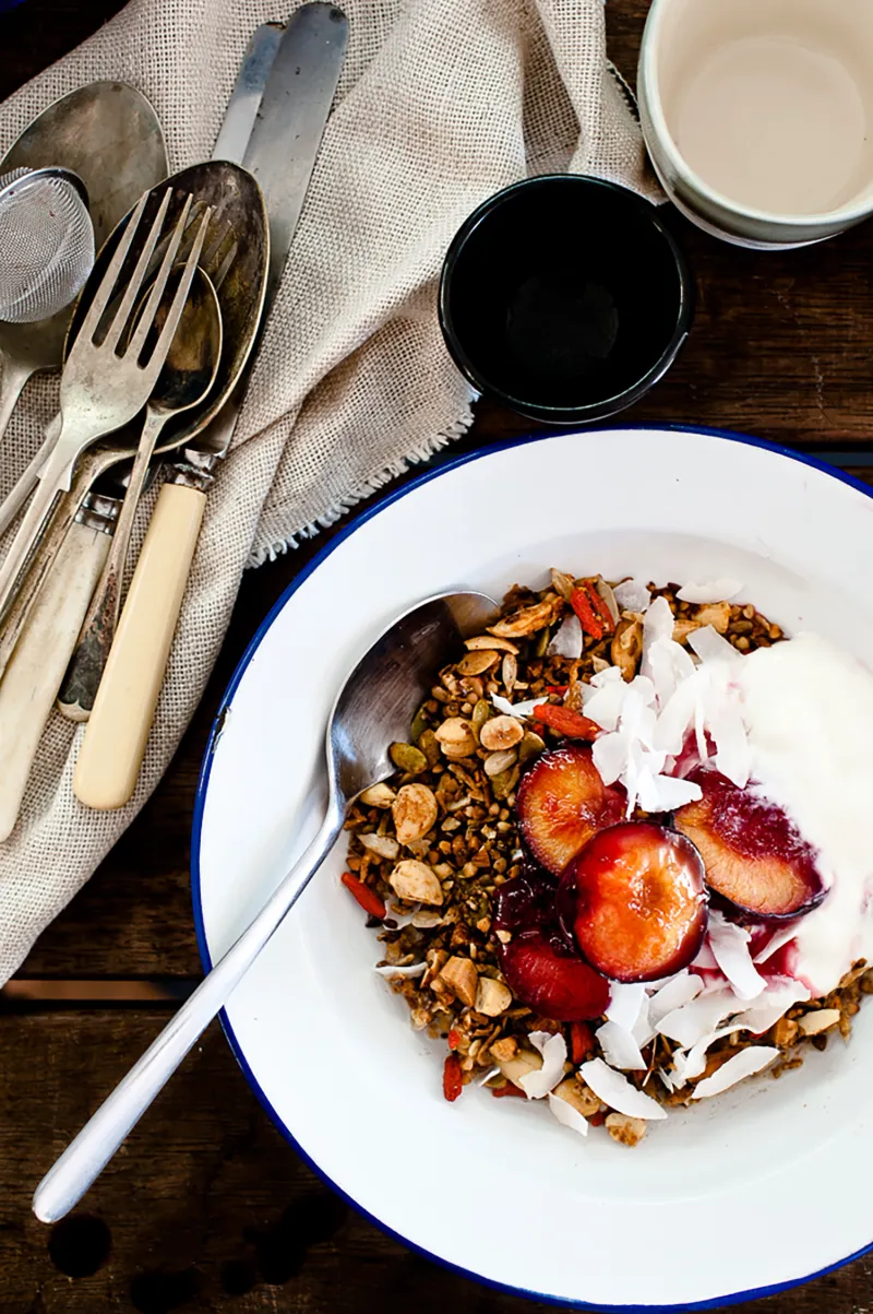 Warm Spiced Granola with Roasted Plums