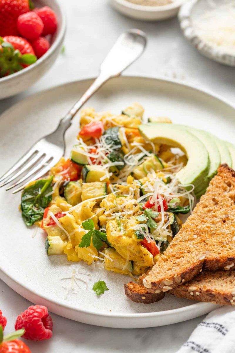 Roasted Veggie Scrambled Eggs on Toast